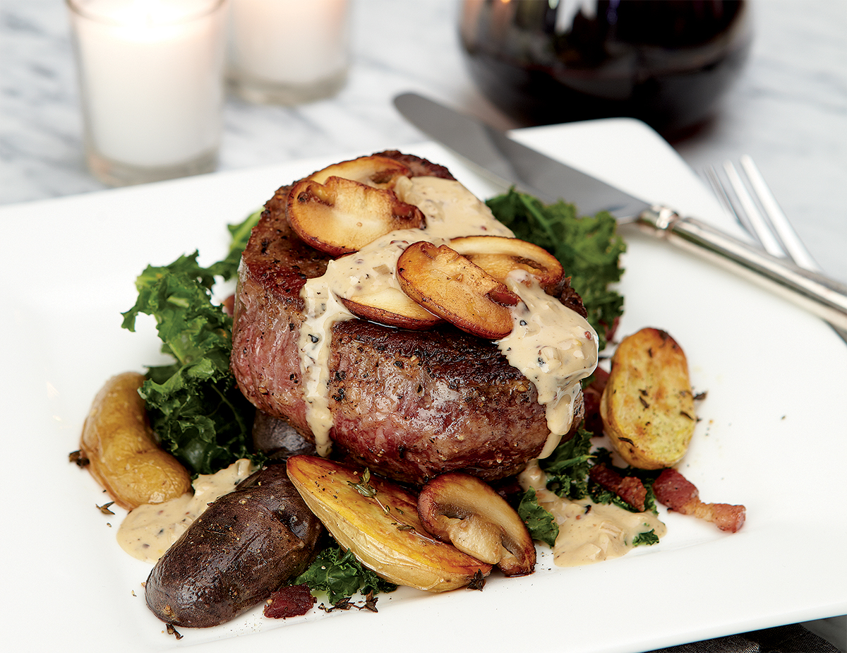 Beef Fillet with Bourbon and Mushroom Sauce on Kale and Roasted ...
